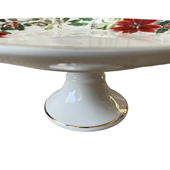 Grace Teaware Christmas Poinsettia Porcelain Cake Stand Holiday Holly New - Picture 5 of 12